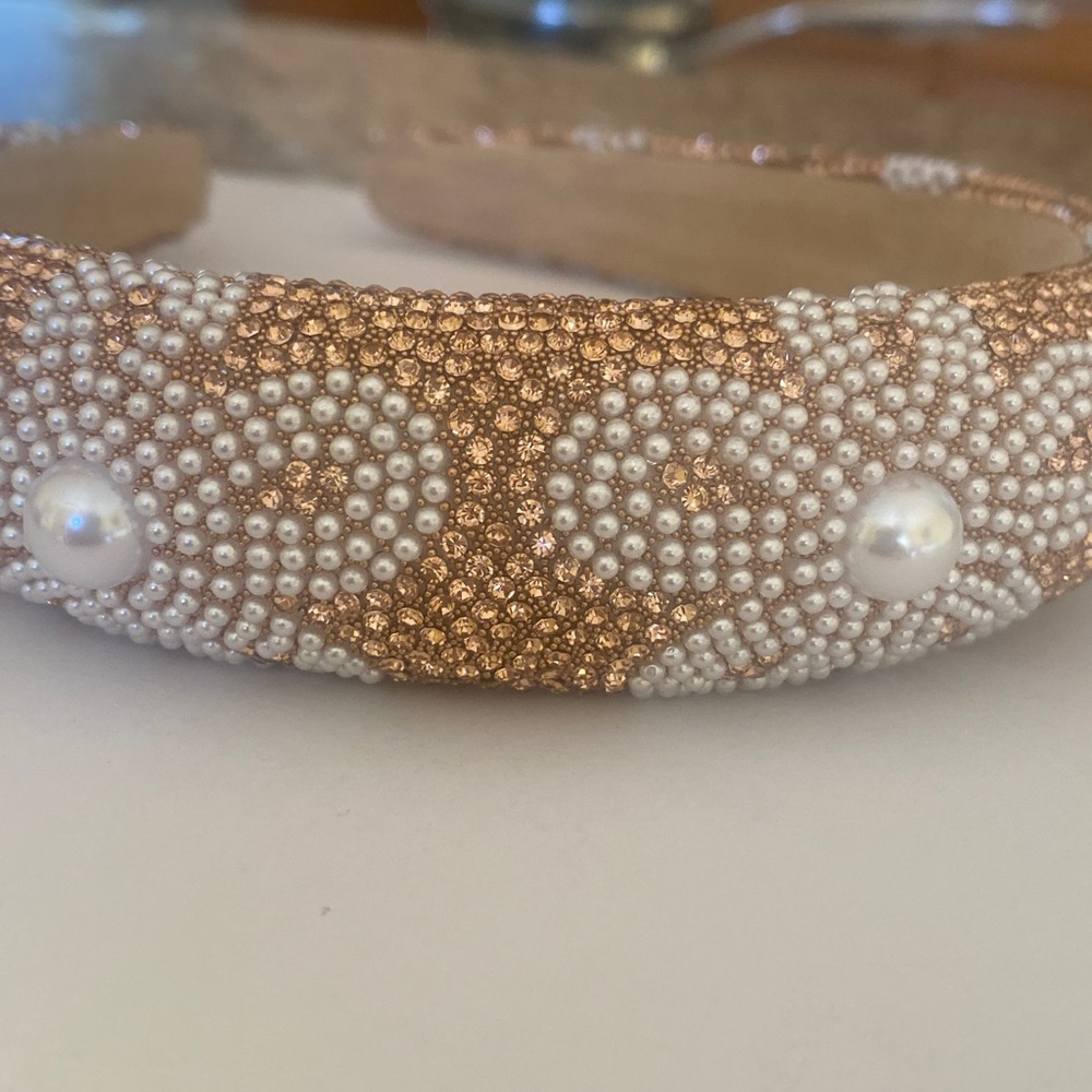 Bling pearled Crystal Rhinestoned Padded Cushion Hard Headband •Shimmer COPPER•